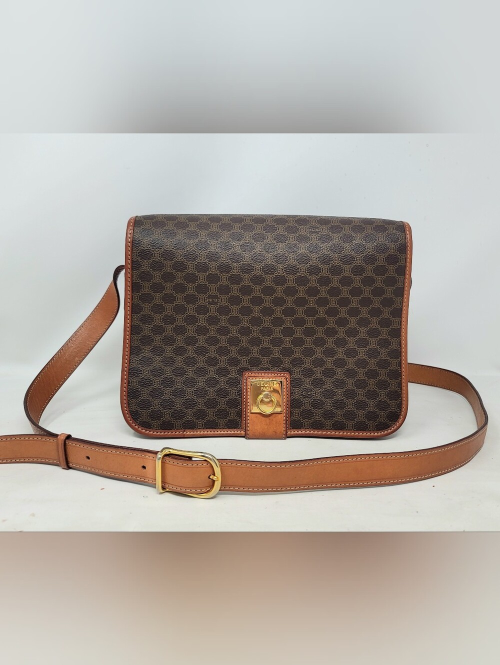 Authentic Celine Triomphe Canvas Leather Shoulder Crossbody Hand Bag Vintage